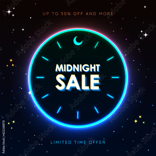 Glowing Midnight Sale sign card poster on dark background with night stars, inside a neon clock with crescent moon. Up to 50% off and more. Limited time offer. Vector Illustration. EPS 10.