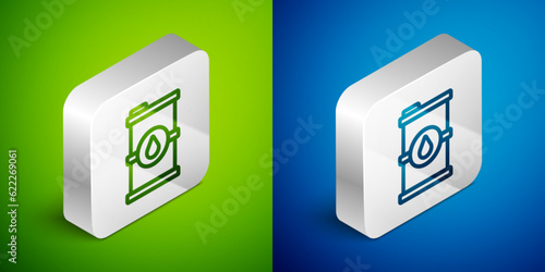 Isometric line Bio fuel barrel icon isolated on green and blue background. Eco bio and canister. Green environment and recycle. Silver square button. Vector