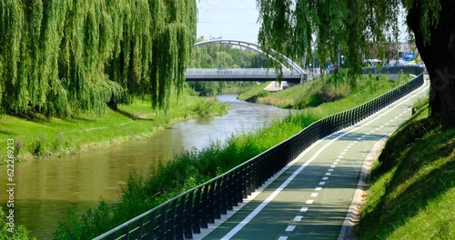 New cyclist paths built in the modern city for ecological bicycle transport, Sibiu, Romania photo