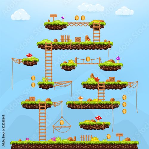 Video game. Elements and objects for computer game. Template for construction game level. Background for arcade game. Vector illustration.