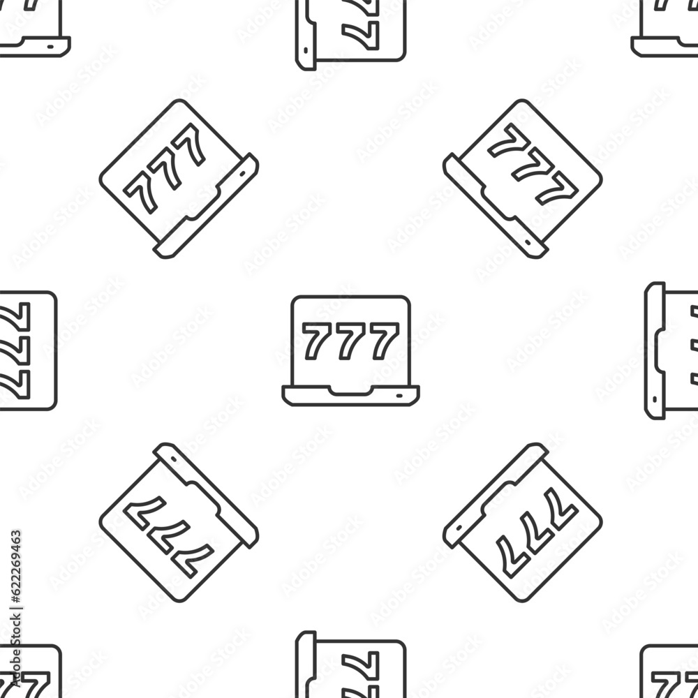 Grey line Laptop and slot machine with lucky sevens jackpot icon isolated seamless pattern on white background. Online casino. Vector Grey line Laptop and slot machine with lucky sevens jackpot icon isolated seamless pattern on white background. Online casino. Vector