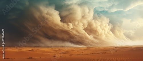 Fotografiet landscape of light brown desert dunes and awe-inspiring turbulent sandstorm clou