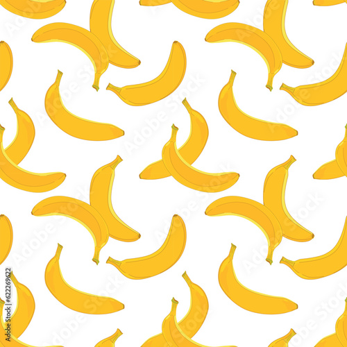 Banana seamless pattern on a white background. Vector illustration. Design for wrapping paper, textile, fabric. Yellow ripe exotic fruit.