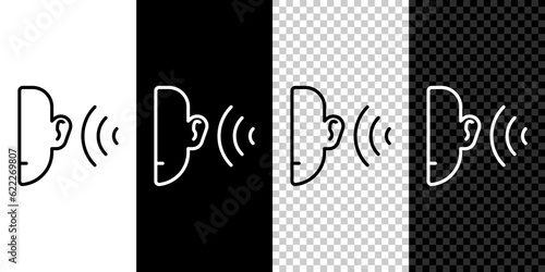 Set line Ear listen sound signal icon isolated on black and white, transparent background. Ear hearing. Vector