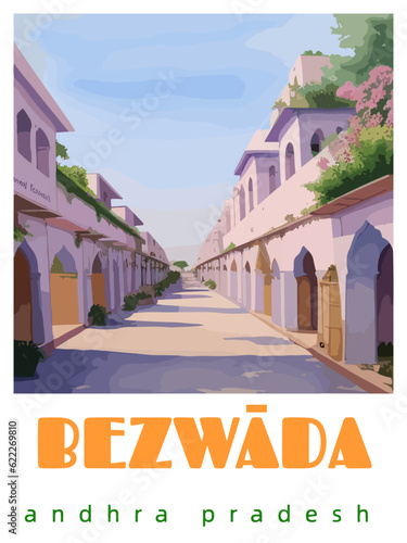 Bezwāda: Retro tourism poster with an Indian landscape and the headline Bezwāda / Andhra Pradesh photo