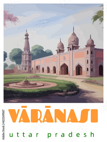 Vārānasi: Retro tourism poster with an Indian landscape and the headline Vārānasi / Uttar Pradesh