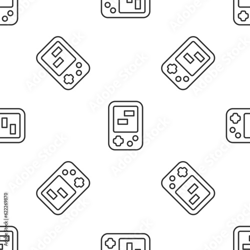 Grey line Portable tetris electronic game icon isolated seamless pattern on white background. Vintage style pocket brick game. Interactive playing device. Vector