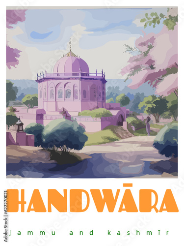 Handwāra: Retro tourism poster with an Indian landscape and the headline Handwāra / Jammu and Kashmīr photo