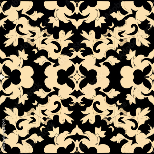 Elegant damask pattern in black and white, showcasing floral motifs on a black background. The design reflects art nouveau influences with its symmetrical composition.