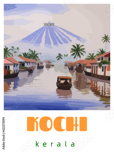 Kochi: Retro tourism poster with an Indian landscape and the headline Kochi / Kerala