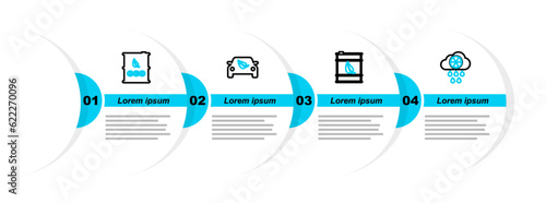 Set line Acid rain and radioactive cloud, Bio fuel barrel, Eco car drive with leaf and icon. Vector