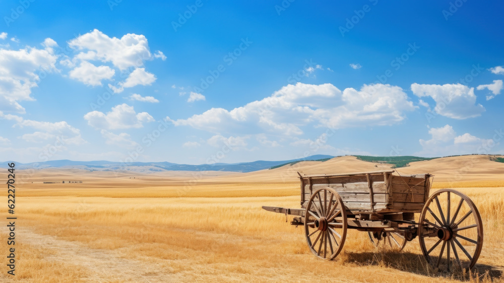 landscape of old wooden cart or wagon. ancient transport