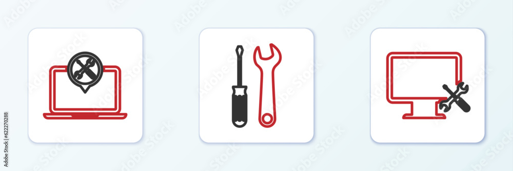 Set line Computer monitor service, Laptop and Screwdriver and wrench icon. Vector Set line Computer monitor service, Laptop and Screwdriver and wrench icon. Vector
