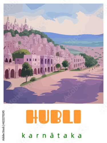 Hubli: Retro tourism poster with an Indian landscape and the headline Hubli / Karnātaka
