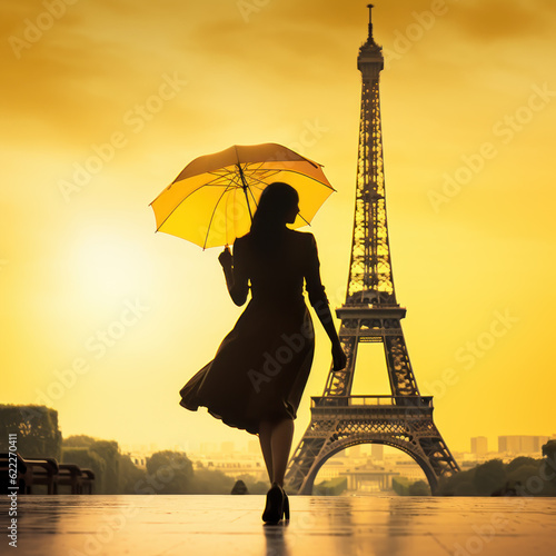 Silhouette of a woman against the background of autumn in Paris created with generative AI technology