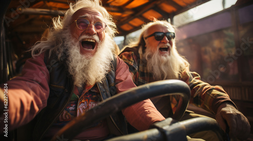 two old friend have a lot of fun being young again. they laugh and drive a fast vehicle, generative AI