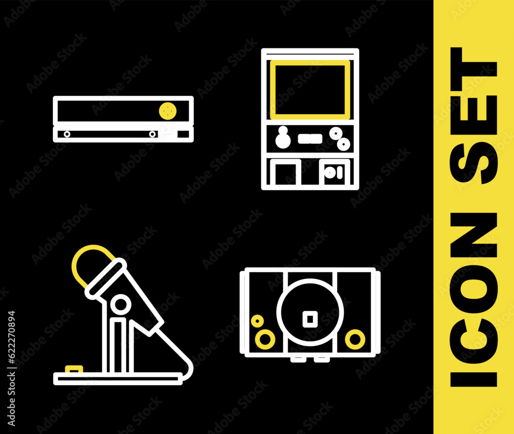 Set line Retro arcade game machine, Video console, Microphone and icon. Vector Set line Retro arcade game machine, Video console, Microphone and icon. Vector