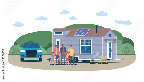 The family is resting in a camping near their tiny house on a wheeled chassis. Vector illustration.