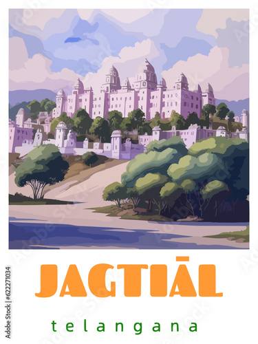 Jagtiāl: Retro tourism poster with an Indian landscape and the headline Jagtiāl / Telangana photo