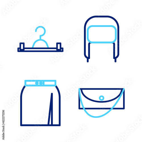 Set line Clutch bag, Skirt, Winter hat with ear flaps and Hanger wardrobe icon. Vector