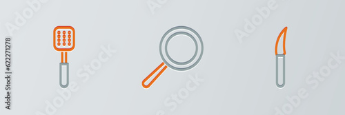 Set line Knife, Spatula and Frying pan icon. Vector