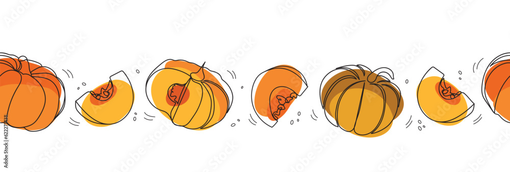 Pumpkins seamless border. Continuous line drawing pumpkins. Autumn pumpkin line art set. Minimalist art