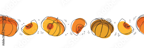 Pumpkins seamless border. Continuous line drawing pumpkins. Autumn pumpkin line art set. Minimalist art