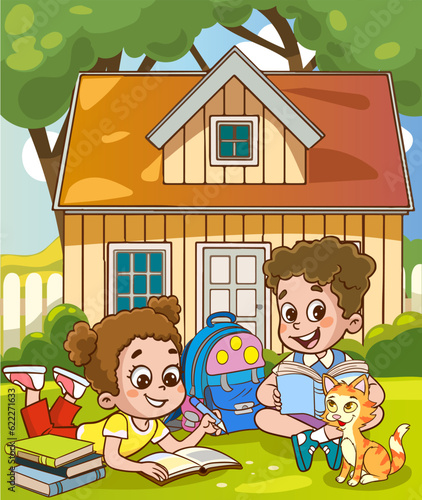 Children reading books in front of the house. Vector cartoon illustration.