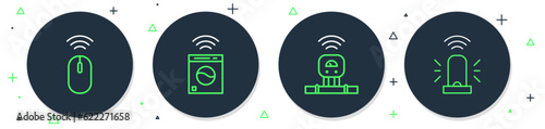 Set line Smart washer, sensor, Wireless mouse and flasher siren icon. Vector