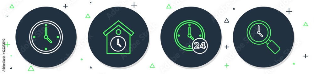 Set line Retro wall watch, Clock 24 hours, and Magnifying glass with clock icon. Vector Set line Retro wall watch, Clock 24 hours, and Magnifying glass with clock icon. Vector