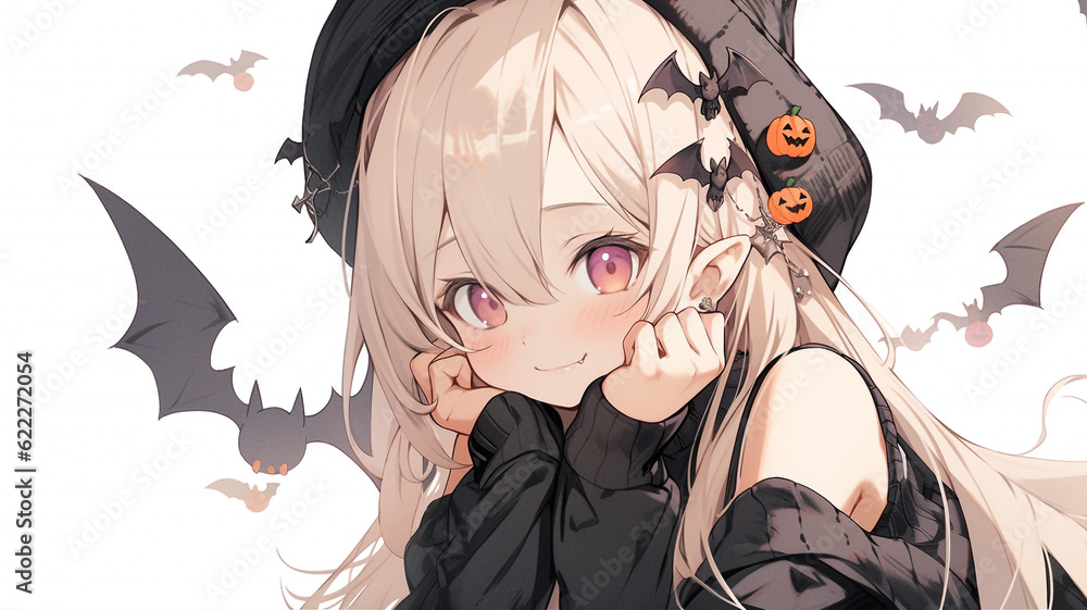 Fototapeta premium Little cute anime cartoon witch character looking forward to Halloween. White background. Created with Generative AI.