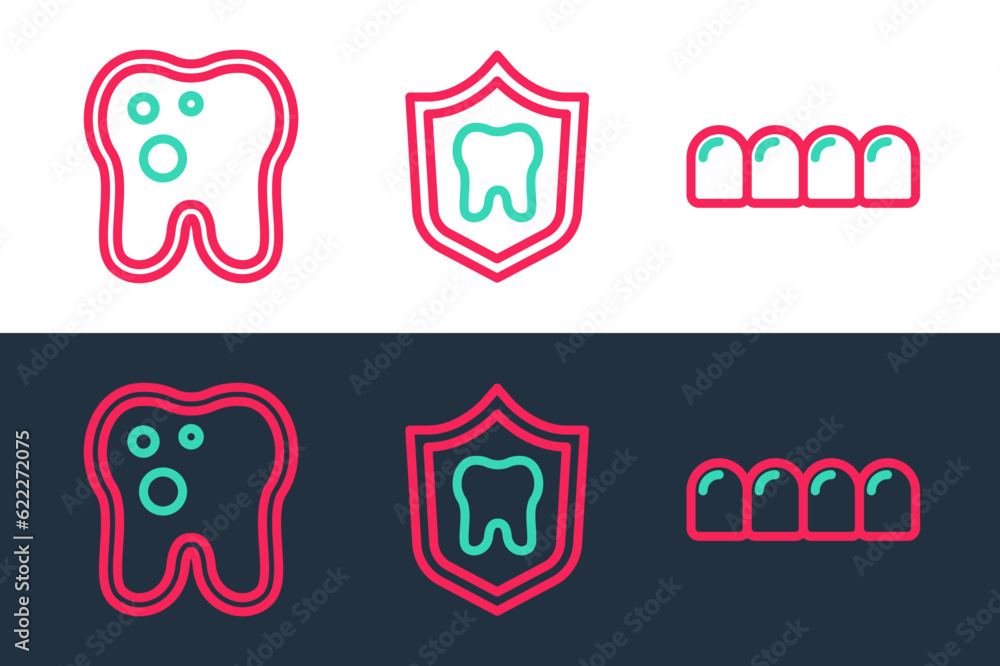 Set line Dentures model, Tooth with caries and Dental protection icon. Vector Set line Dentures model, Tooth with caries and Dental protection icon. Vector