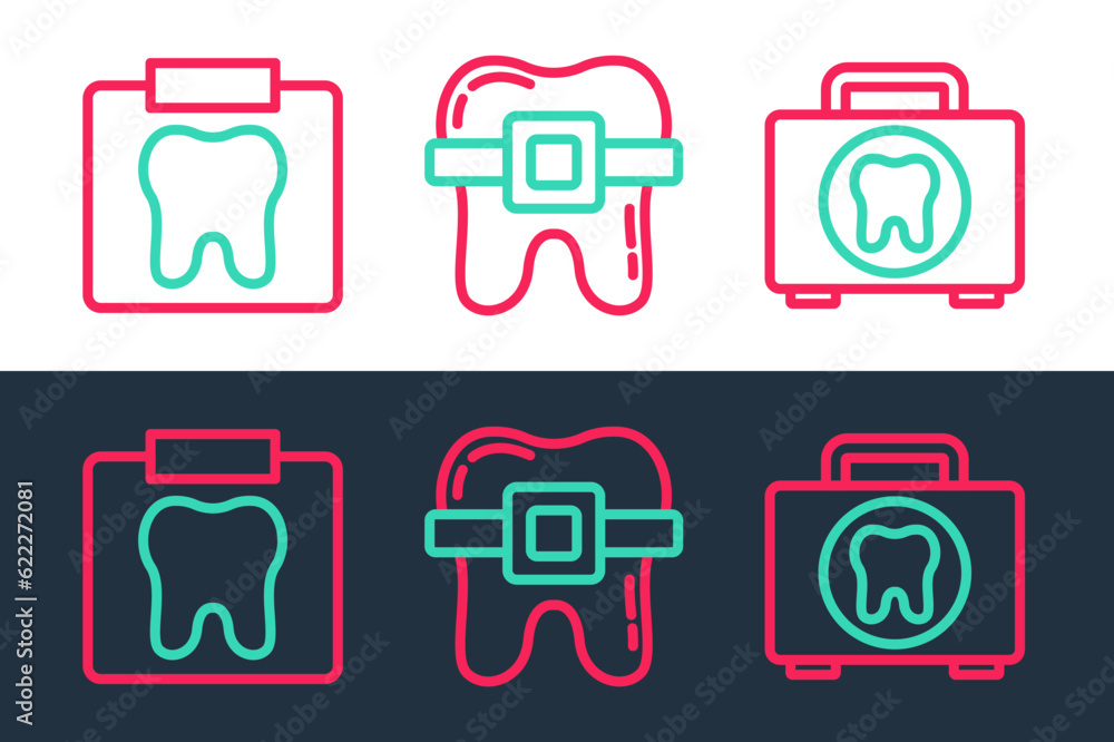 Set line First aid kit, X-ray of tooth and Teeth with braces icon. Vector Set line First aid kit, X-ray of tooth and Teeth with braces icon. Vector