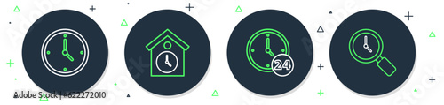 Set line Retro wall watch, Clock 24 hours, and Magnifying glass with clock icon. Vector