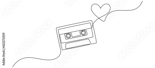One continuous line drawing of audio cassette tape with heart. Retro and vintage music and love song mix concept in simple linear style. Editable stroke. Doodle Vector illustration