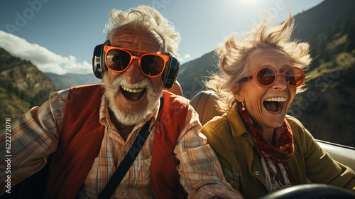 an old couple in love have a lot of fun being young again. they laugh and drive a fast vehicle, generative AI © Marcus Jacobi