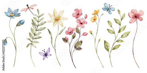 Border banner with watercolor wildflowers. Floral decoration. Hand drawing.