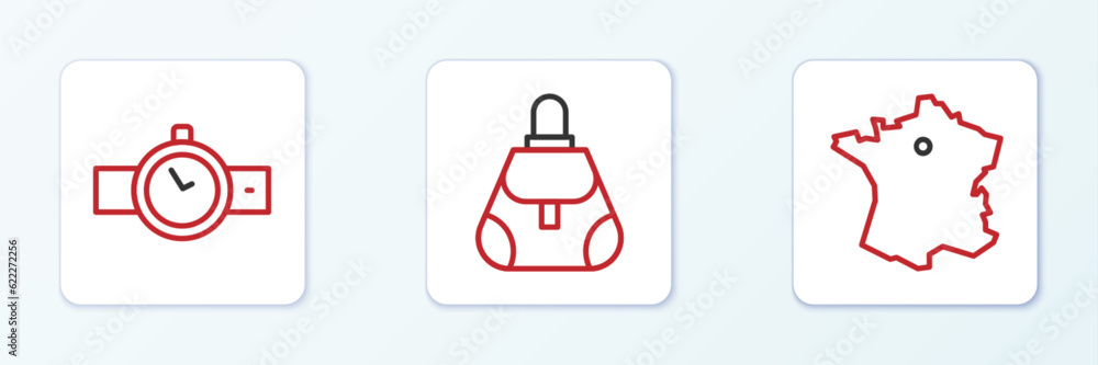 Set line Map of France, Wrist watch and Handbag icon. Vector Set line Map of France, Wrist watch and Handbag icon. Vector