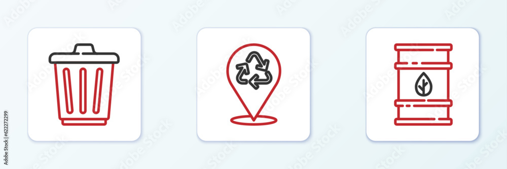 Set line Bio fuel barrel, Trash can and Recycle icon. Vector Set line Bio fuel barrel, Trash can and Recycle icon. Vector
