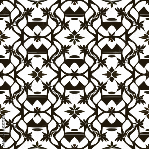 Photography Elegant black and white geometric pattern, reminiscent of a damask design, showcasing a repeating fabric pattern with dark flower motifs, creating a sophisticated and timeless look