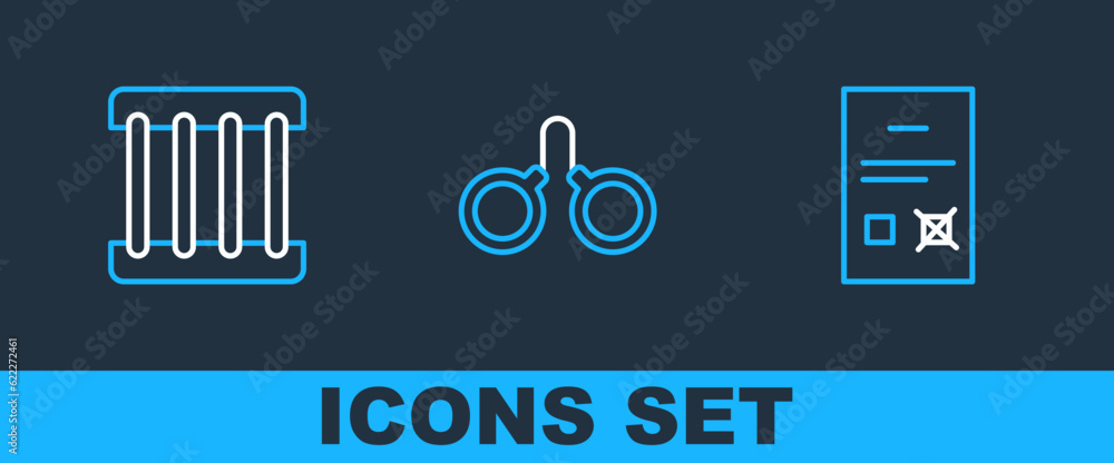 Set line Poll document, Prison window and Handcuffs icon. Vector Set line Poll document, Prison window and Handcuffs icon. Vector