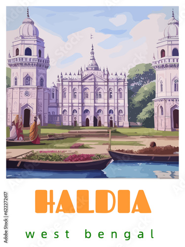 Haldia: Retro tourism poster with an Indian landscape and the headline Haldia / West Bengal