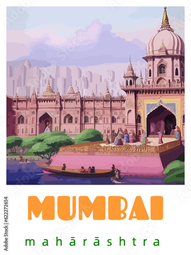 Mumbai: Retro tourism poster with an Indian landscape and the headline Mumbai / Mahārāshtra