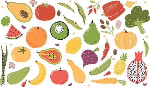 Fototapeta Naklejka Na Ścianę i Meble -  Large vector set of fruits and vegetables. Food products on white background . Vector illustration