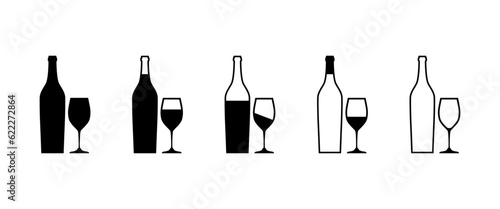 Silhouette bottle and glass of wine icons set. Alcohol graphic design symbol, line sign, element. Vector illustration