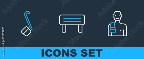 Set line Man in the sauna, Sauna ladle and wood bench icon. Vector