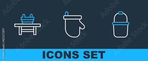 Set line Sauna bucket, bench with and mittens icon. Vector