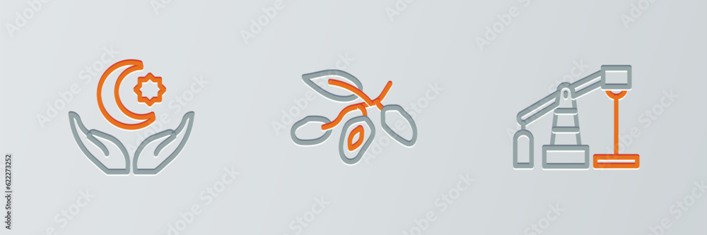 Set line Oil pump or pump jack, Star and crescent and Date fruit icon. Vector Set line Oil pump or pump jack, Star and crescent and Date fruit icon. Vector
