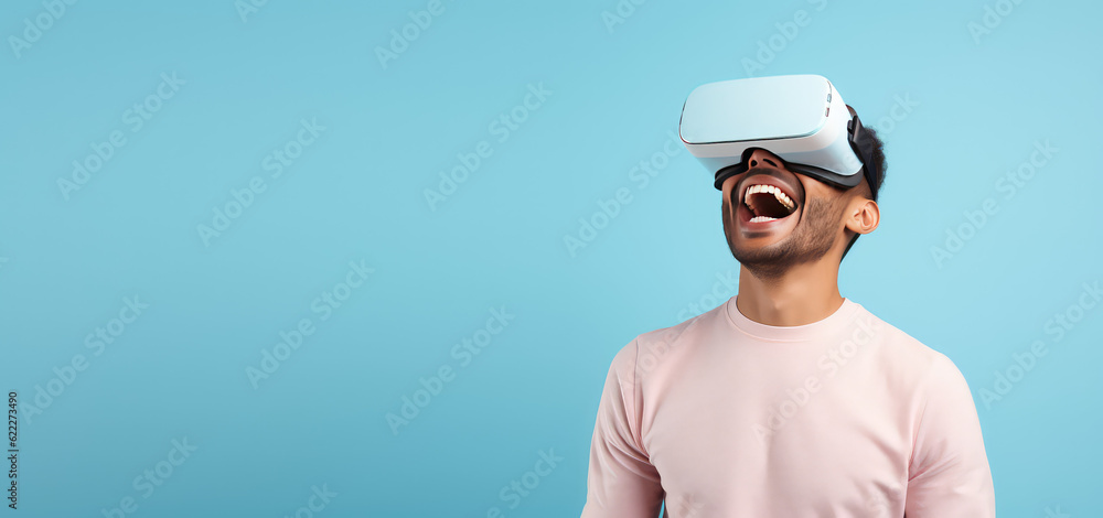 Portrait of happy man wearing virtual reality glasses isolated on flat blue background with copy space. Banner template of smiling man in white VR goggles. Generative AI photo. Portrait of happy man wearing virtual reality glasses isolated on flat blue background with copy space. Banner template of smiling man in white VR goggles. Generative AI photo.