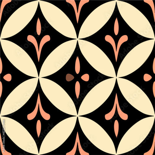 Elegant black and white pattern adorned with striking red accents. Drawing influence from both art deco and art nouveau styles, this seamless design exhibits a captivating charm.